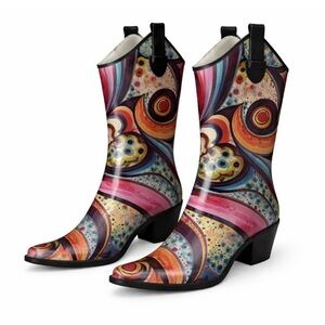 🥾 Women’s Western-Style Rain Boots – Abstract Multicolor – Size 7